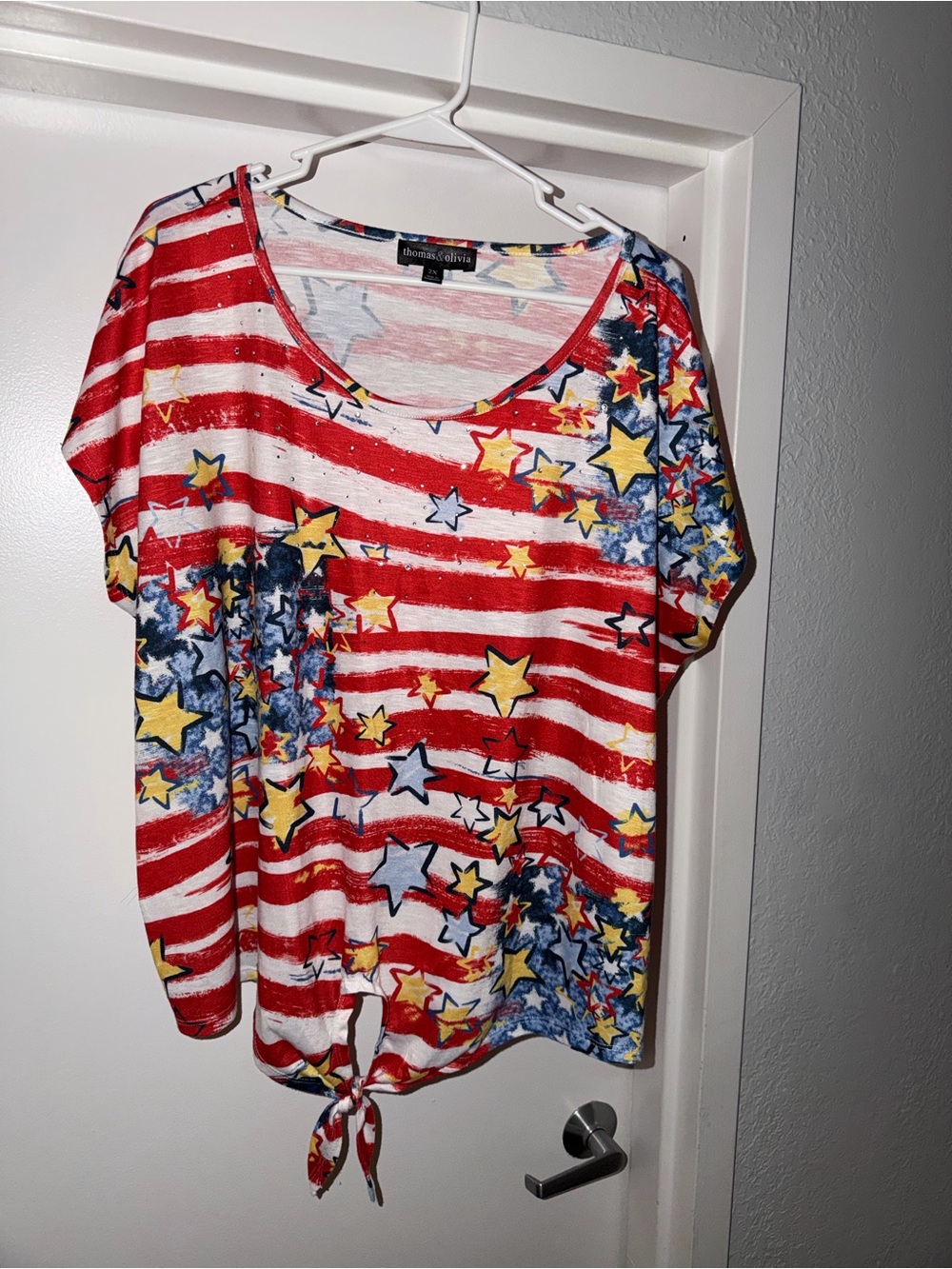 Patriotic Red Star-Print Tie-Hem Women's Blouse